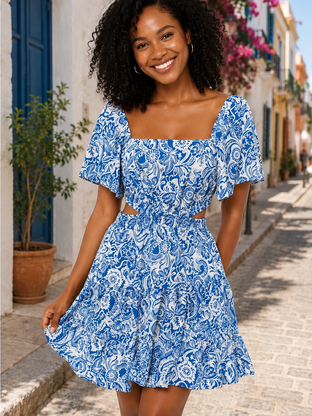 Joress Blue White Floral Paisley Cutout Mini Dress Flutter Bell Sleeve Size 4